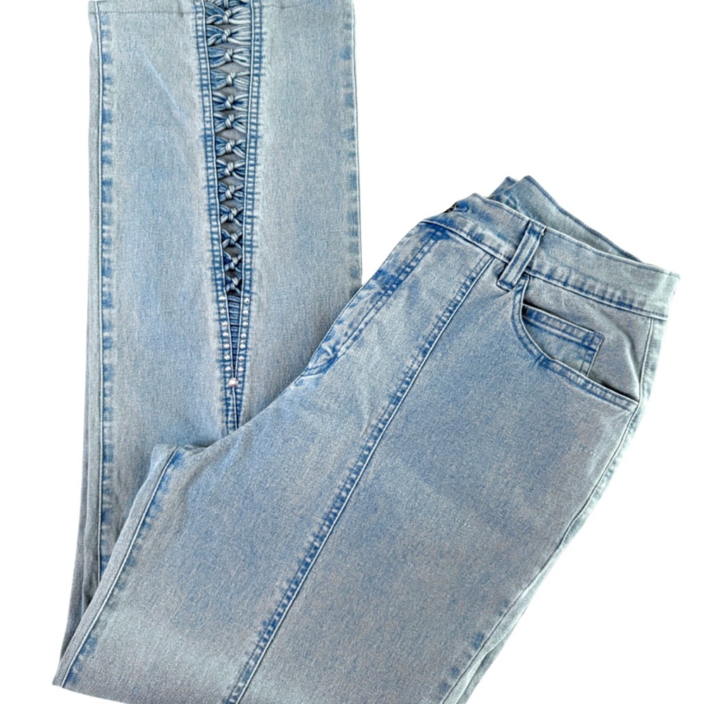 LAFEI NEIR High Rise Wide Leg Jeans Size 10 Swarovski Lace Up Y2K 90’s Stretch
